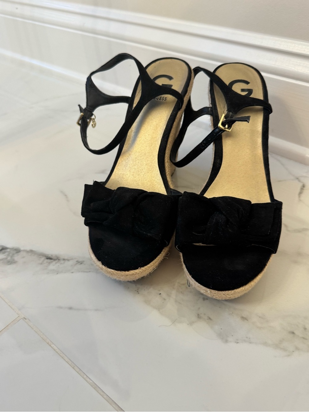 Guess Black Bow Espadrille Wedge Sandals with Ankle Strap